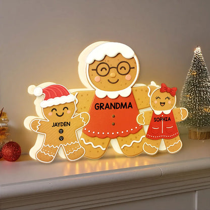 Acrylic Light Box - Gingerbread Grandma & Grandkids, Custom, Christmas Decor, Warm Glow Keepsake, Unique Gift for Grandma