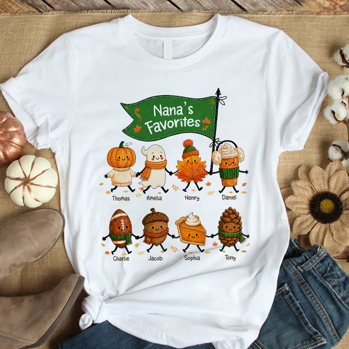 Classic Tee with Cute Pumpkin, Ghost & Leaf Holding Hands, Personalized Creative Gift for Grandma