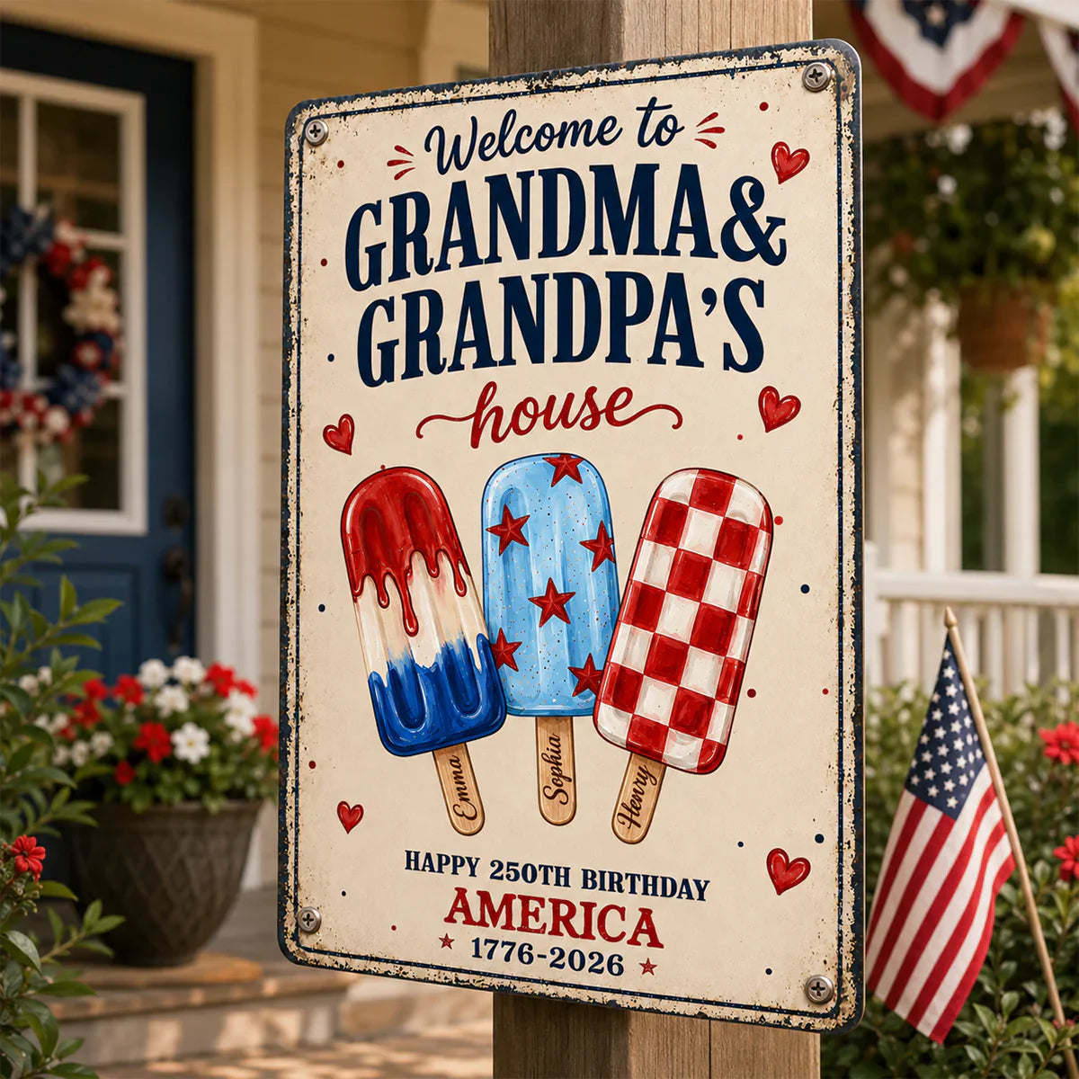 Custom Rectangular Iron Sign for Grandparents, Vintage Red & Blue Welcome Decor, Creative Family Gift