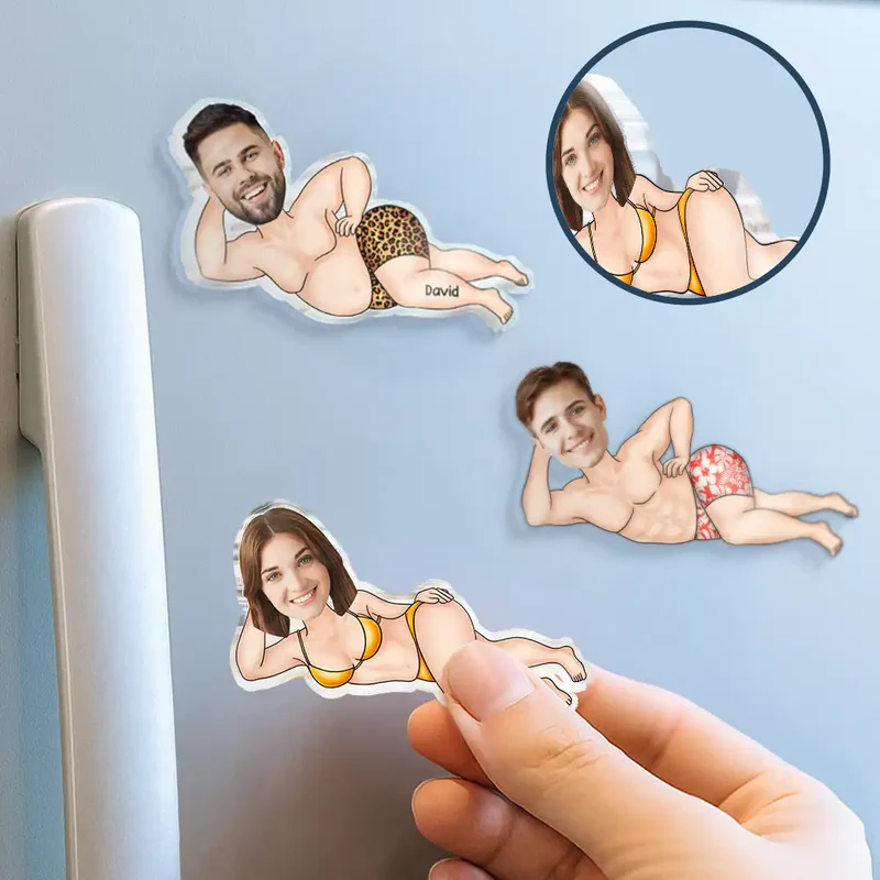 Personalized Funny Face Acrylic Fridge Magnet, Lying Down Pin-Up Style Kitchen Decor, Unique Gag Gift for Couple
