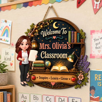 Personalized Wooden Sign with Cute Teacher Illustration, Inspire Learn Grow, Unique Creative Gift for Teacher