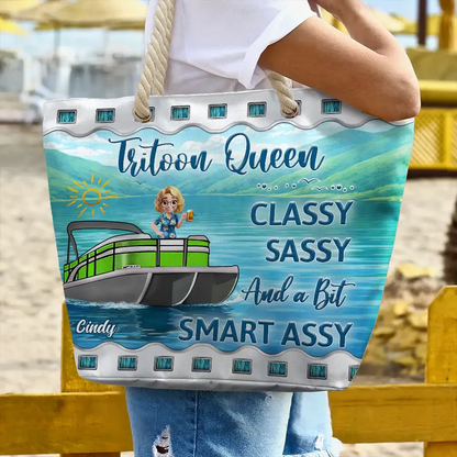 Pontoon Queen Rope Handle Canvas Bag, Personalized Boat Babe Cartoon Design, Fun Unique Gift for Lake Weekends