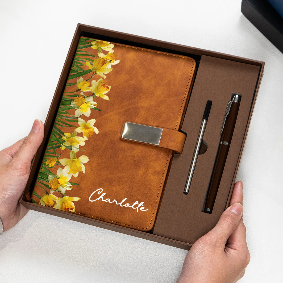 Custom Floral Metal Buckle Notebook Set with Name, Deep Navy Botanical Style, Thoughtful Gift for Daughter or Friend