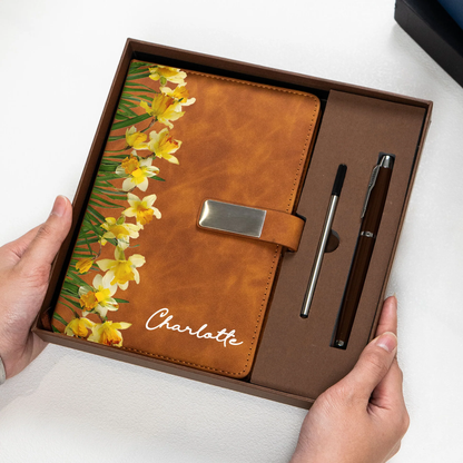 Custom Floral Metal Buckle Notebook Set with Name, Deep Navy Botanical Style, Thoughtful Gift for Daughter or Friend
