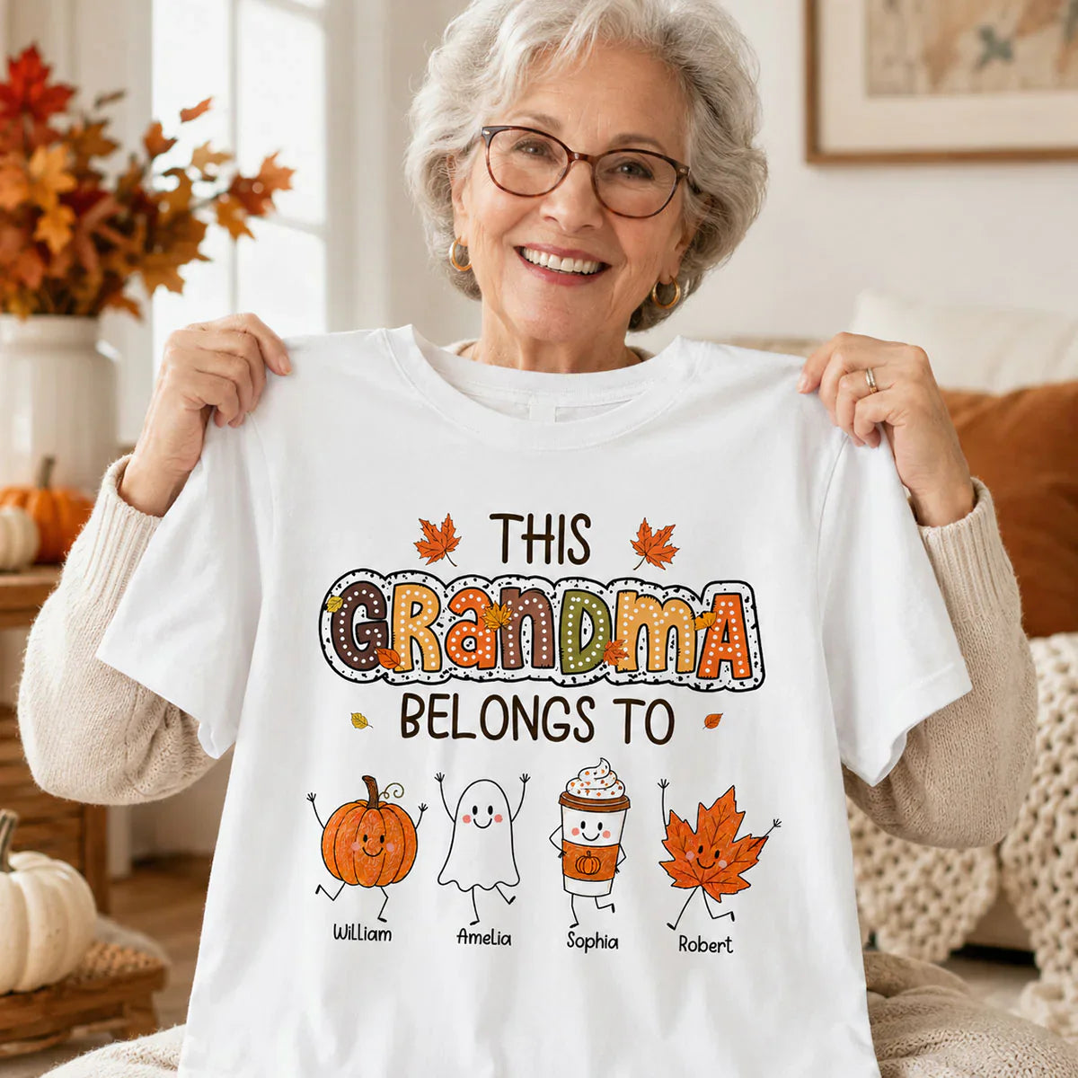 Classic Tee for Grandma, Custom Smiling Pumpkin & Ghost Design, Creative Family Gift