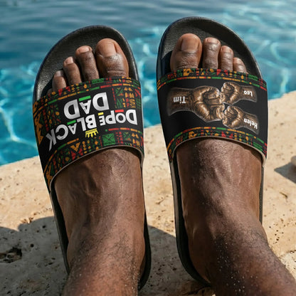 Personalized Men's Slide Sandals, Dope Black Dad Fist Bump Design, Unique Father's Day Gift for Dad