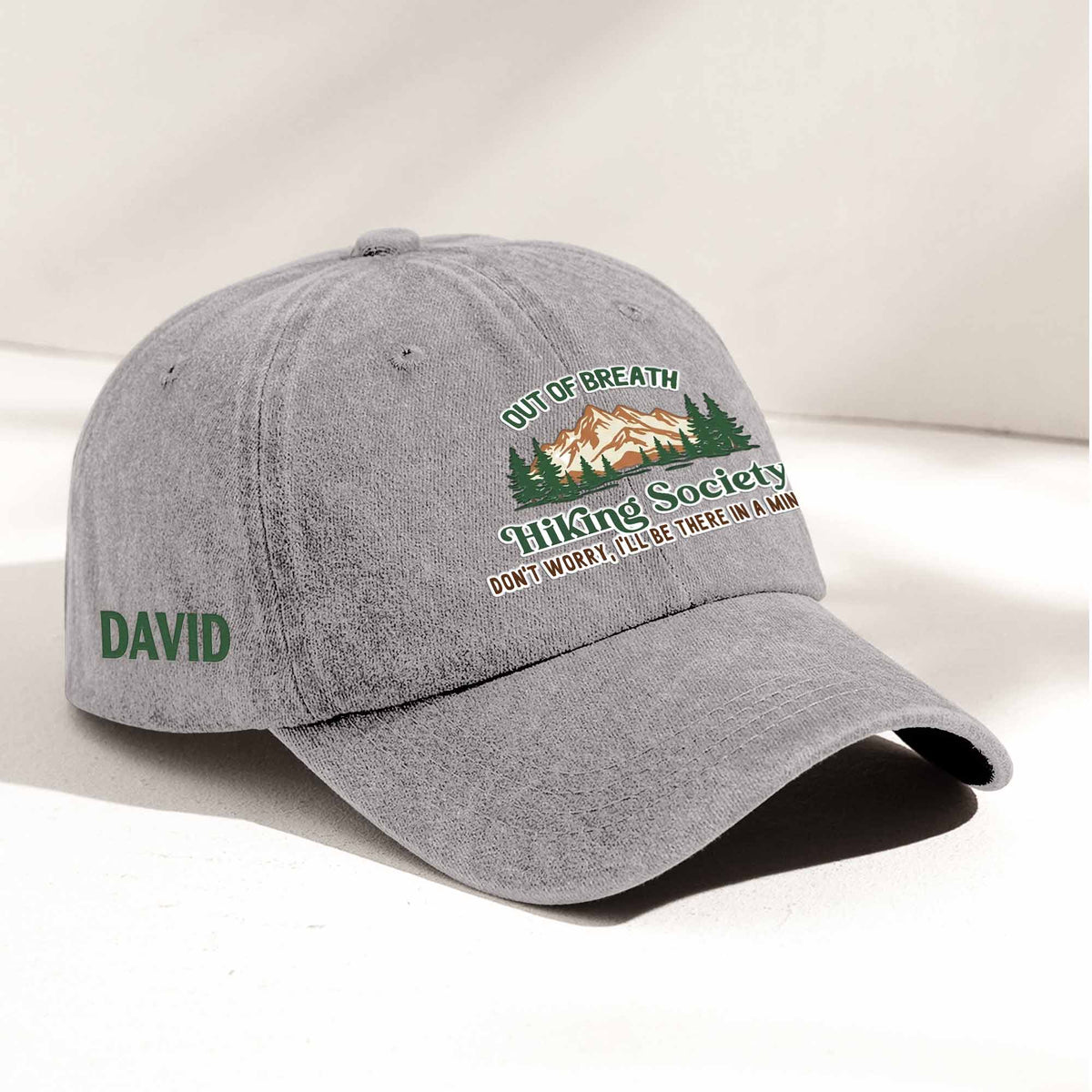 Personalized Washed Denim Baseball Cap, Out Of Breath Hiking Club Sloth, Unique Gift for Hikers