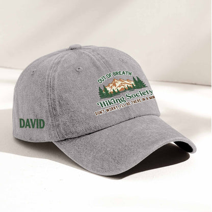 Personalized Washed Denim Baseball Cap, Out Of Breath Hiking Club Sloth, Unique Gift for Hikers