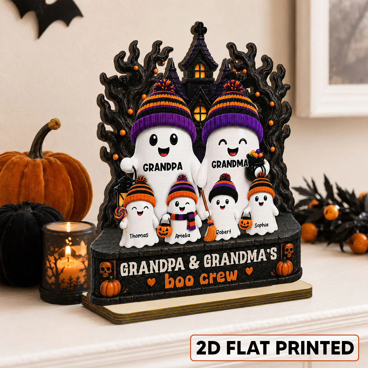 2-Layer Wooden Plaque, Grandpa & Grandma's Boo Crew Haunted House, Creative Gift for Grandparents