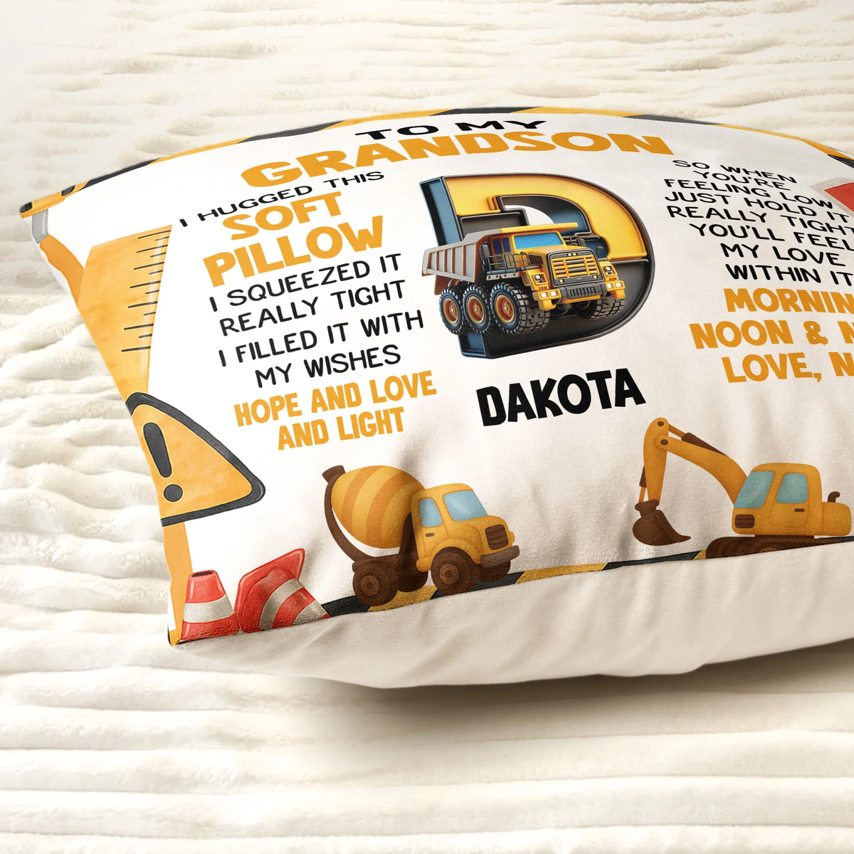 Personalized Construction Theme Square Pillow for Grandson, Cute Truck Initial Design, Unique Gift That Feels Like a Hug