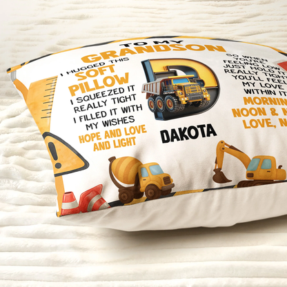 Personalized Construction Theme Square Pillow for Grandson, Cute Truck Initial Design, Unique Gift That Feels Like a Hug