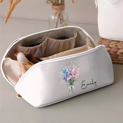 Personalized Leather Makeup Bag with Purple Florals, Custom Gift for Her & Stylish Travel Organizer