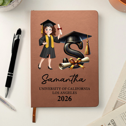 Personalized Graduation Cartoon Leather Journal With Initial, Cap & Diploma, Unique Gift For the Grad