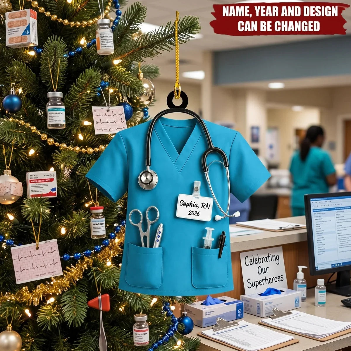 Personalized Acrylic Ornament, Teal Nurse Scrubs on a Christmas Tree, Unique Gift for Nurse