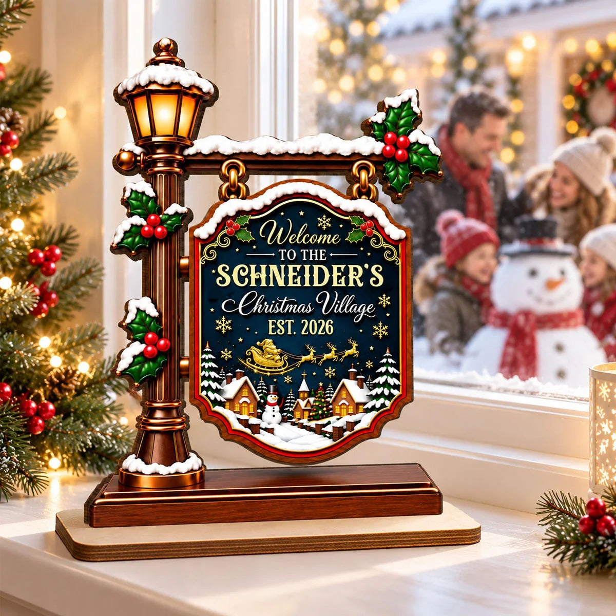 2-Layer Wooden Plaque, Personalized Snowy Christmas Village Keepsake, Creative Gift for Parents & Grandparents