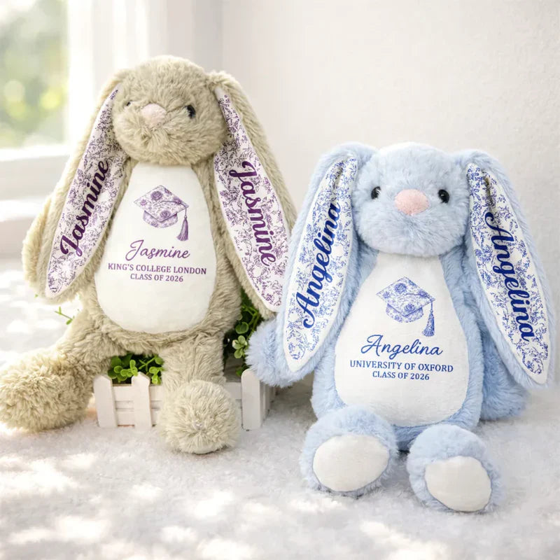 Custom Plush Bunny for Graduation, Cute Sitting Bunny with Floral Ears, Creative Gift Full of Pride