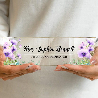 Personalized Rectangle Acrylic Block Plaque With Birth Flower Style Desk Decor, Unique Thank You Gift For Teacher Or Coworker