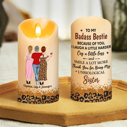 Flameless LED Candle for Best Friend - Custom Art, Warm Glow, Because of You message - unique creative gift