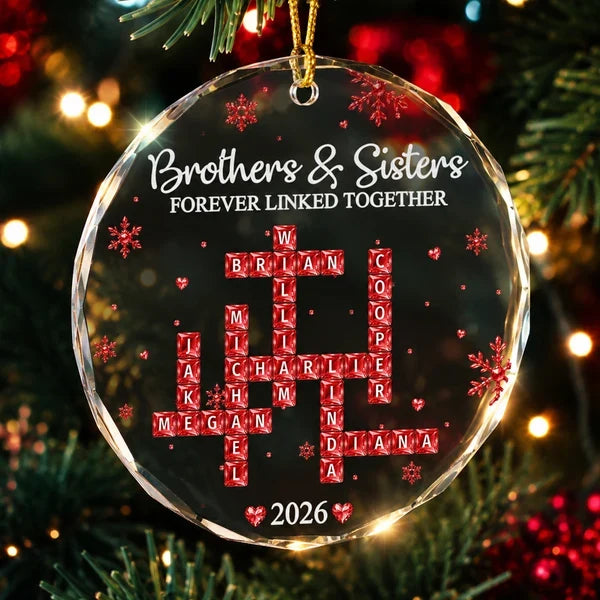 Personalized Crystal Ornament, Blue Snowflake Family Crossword on Christmas Tree, Unique Gift for Siblings