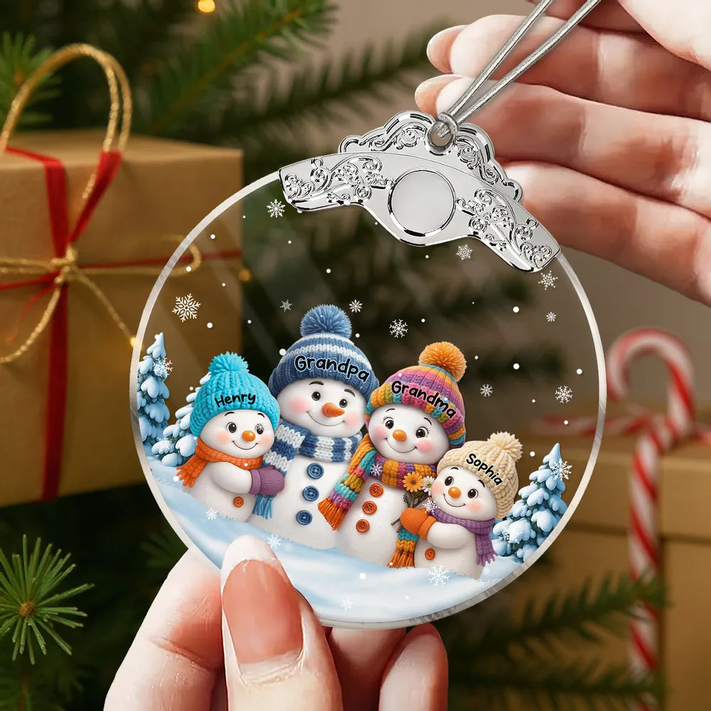 Snowman Family Silver Capped Glass Ornament – Heartwarming Holiday Gift for Grandma & Loved Ones