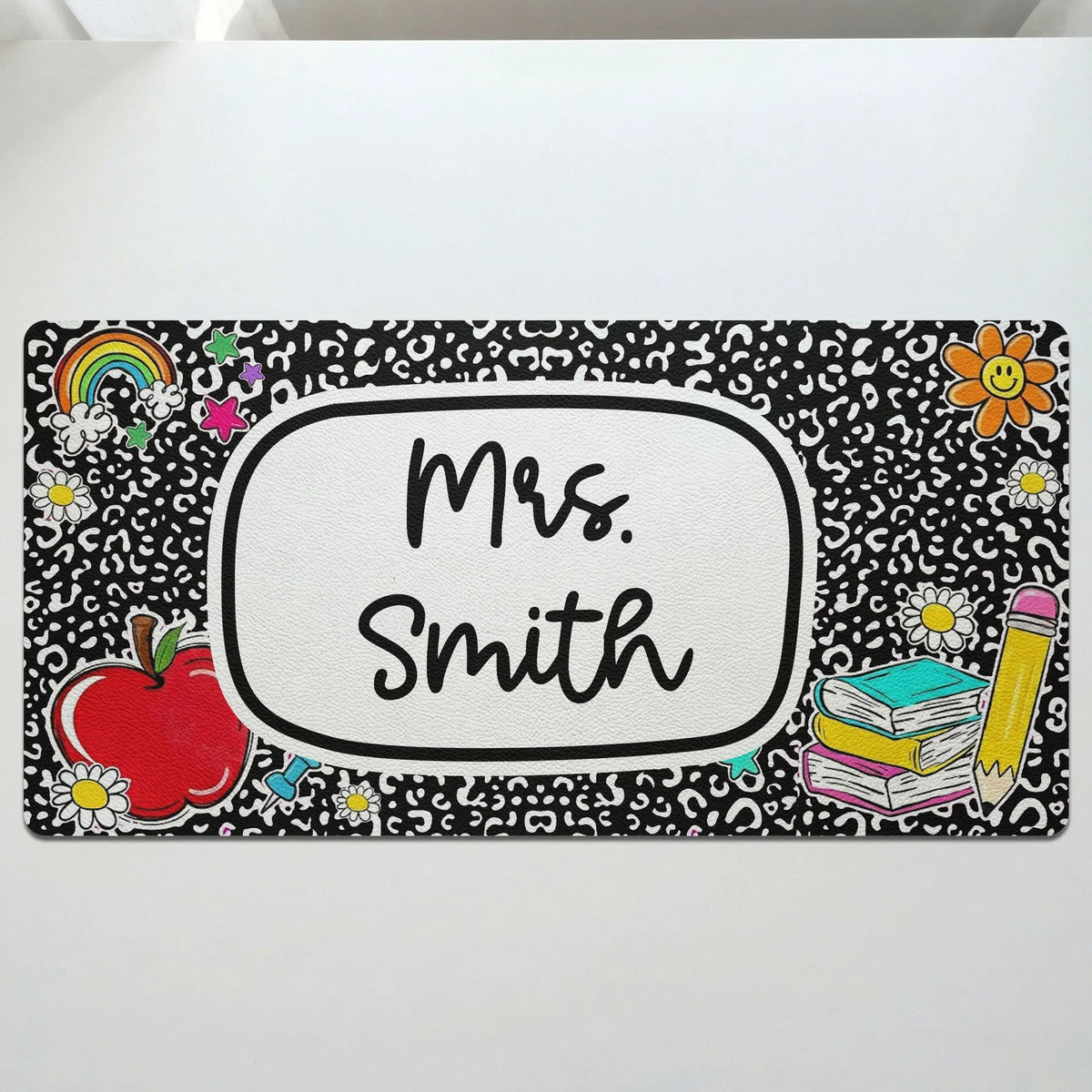 Personalized Leather Desk Mat with Pencil & Daisy Design, Unique Creative Teacher Gift for Classroom Desk
