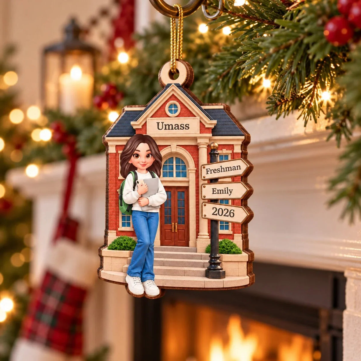 College Freshman Wooden Ornament, Personalized Campus Keepsake, Creative Christmas Gift for Students and Parents