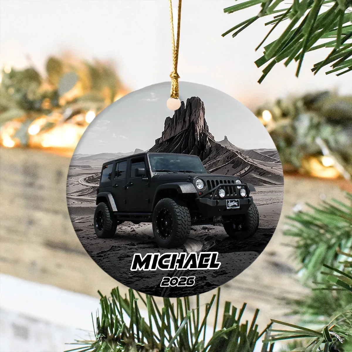 Personalized Ceramic Ornament with Red Off-Road Car on Desert Road, Unique Christmas Gift for Car Enthusiasts