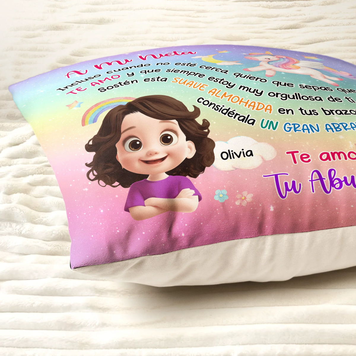 Cojín Cuadrado Personalizado con Unicornio y Arcoíris – Un Regalo Lleno de Amor para Mi Nieta