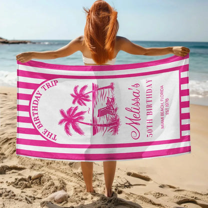 Custom Beach Towel with Pink Tropical Palms, Vacation Vibe for Beach Trip or Cruise, Thoughtful Birthday Gift