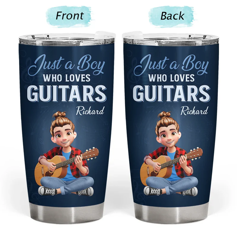 Personalized Insulated Travel Tumbler Just a Boy Who Loves Guitars, Custom Name Gift for Guitar Lovers