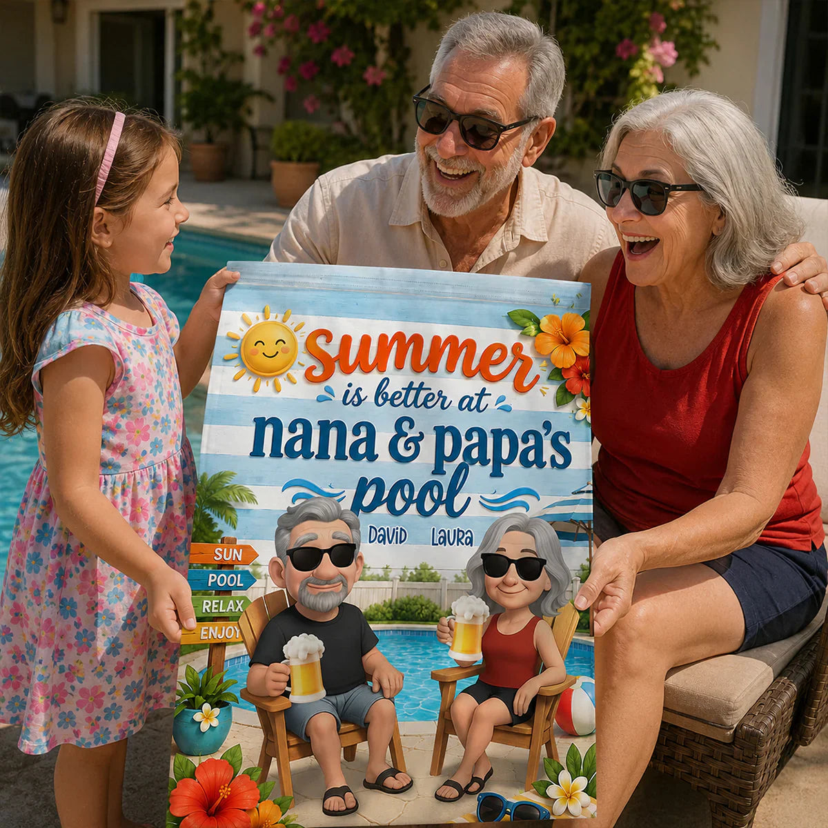 Personalized Garden Flag with Poolside Cartoon Grandparents, Unique Summer Gift for Nana & Papa