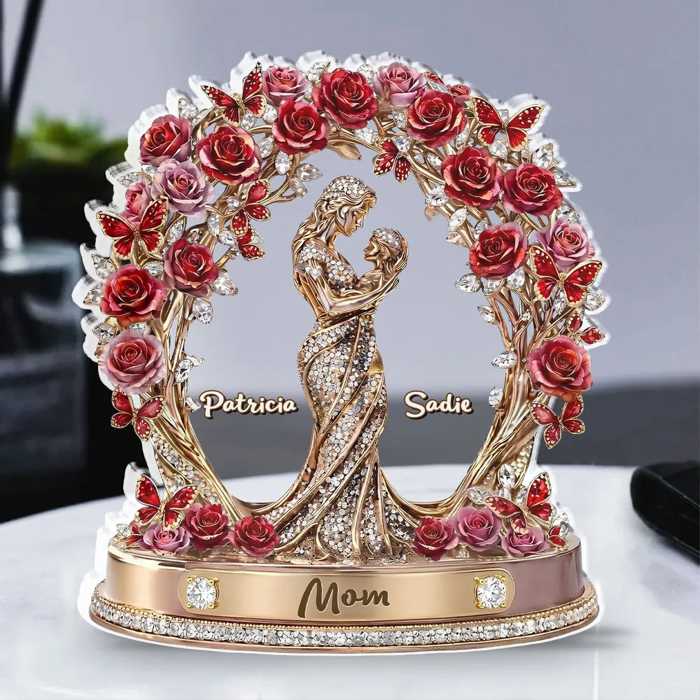 Personalized Shaped Acrylic Block Plaque with Grandma and Grandkids, Purple Rose Wreath Keepsake, Unique Gift for Grandma