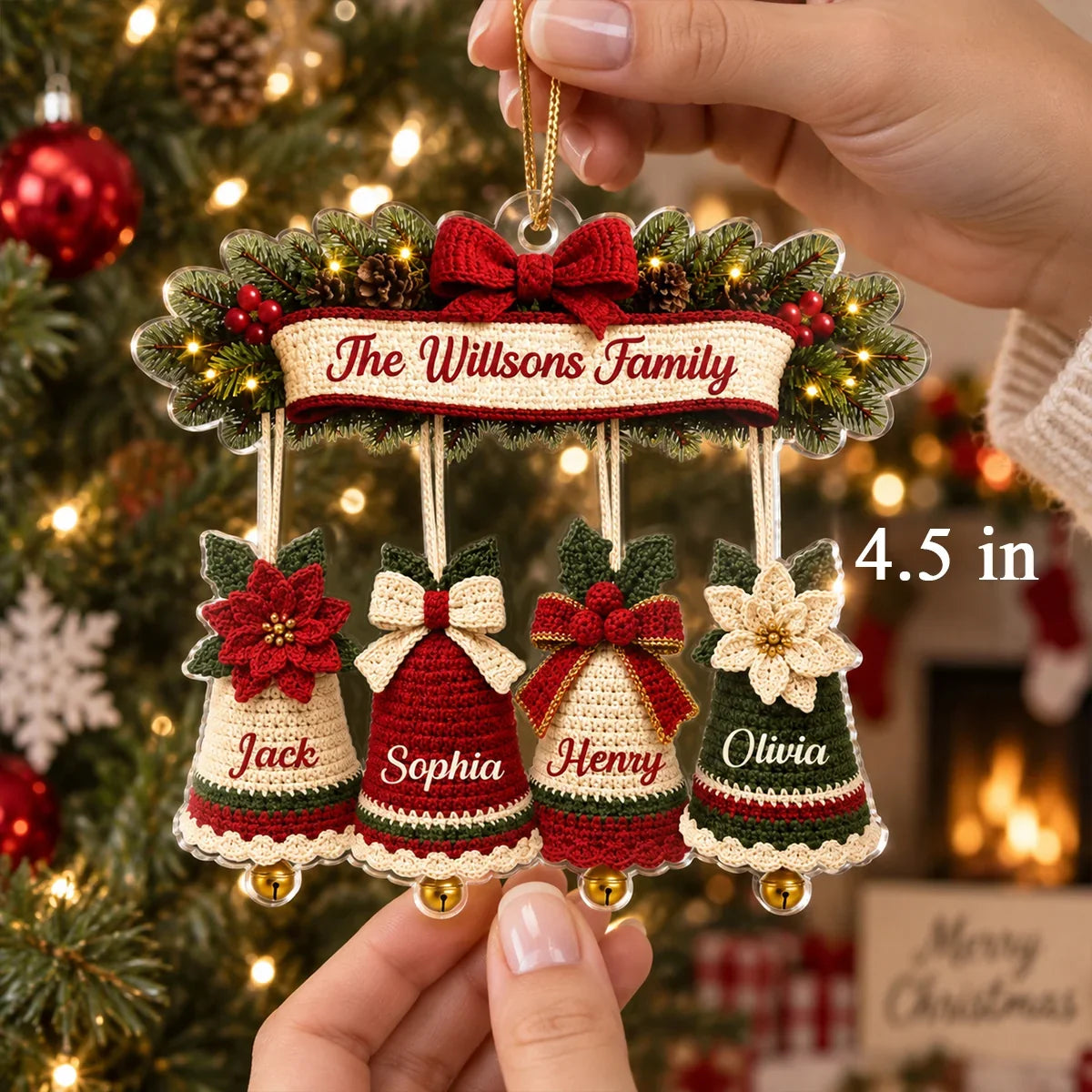 Personalized Acrylic Ornament, Custom Family Christmas Bells in Red and Green, Unique Gift for Mom and Family
