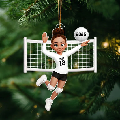 Custom Volleyball Girl Acrylic Ornament with name & number design, sports-themed holiday decoration and perfect gift for athletes