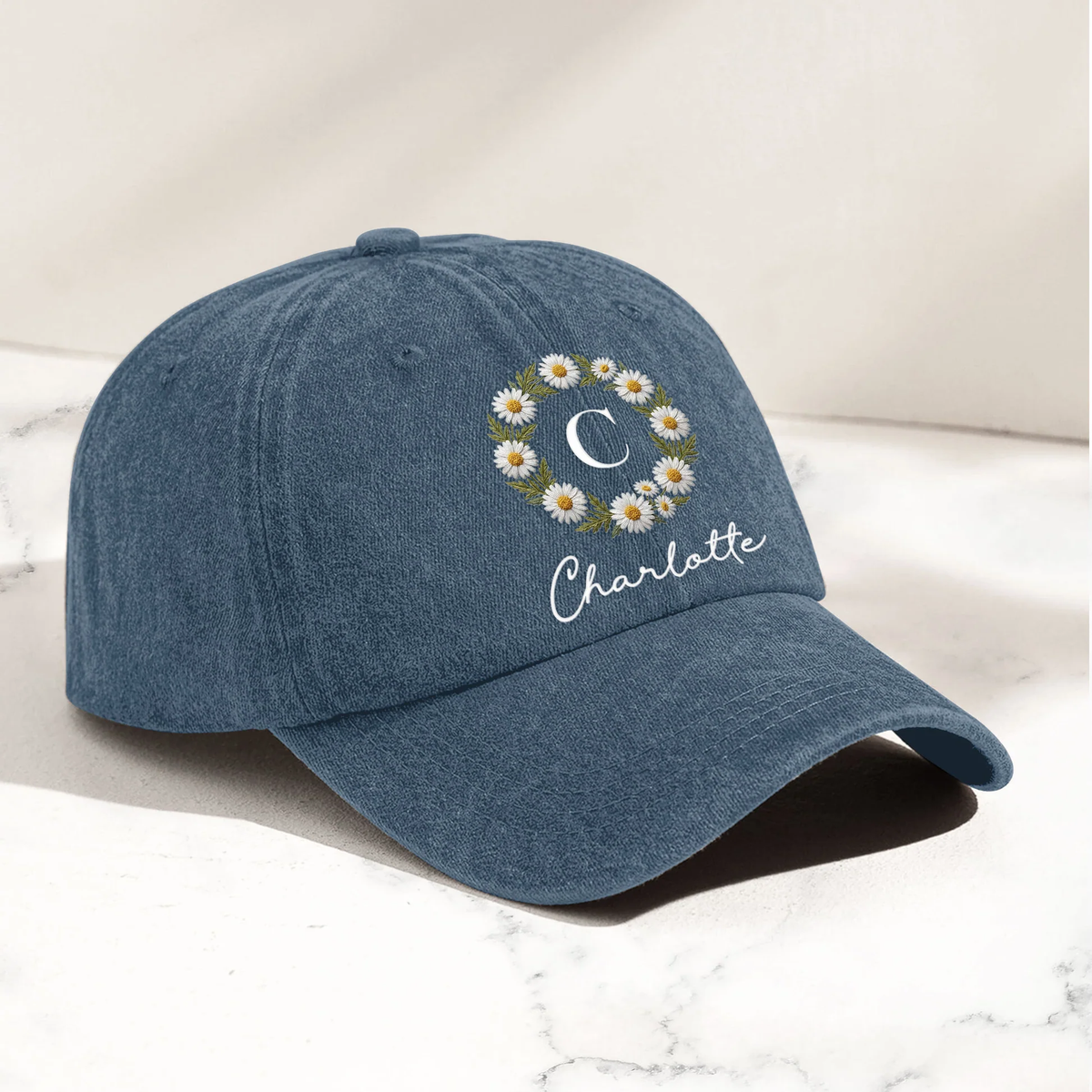 Washed Denim Baseball Cap With Custom Floral Design - Relaxed Everyday Gift For Mom Or Friend