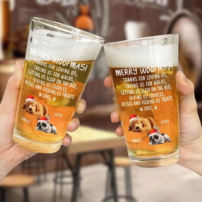 Beer Glass for Dog Lovers - Sleeping Puppy Santa Design, Christmas Message, a unique personalized gift for the home bar