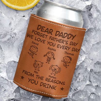 Custom Leather Can Cooler, Dear Daddy Doodle Drink Gift From Kids & Dog, Unique Creative Gift For Dad