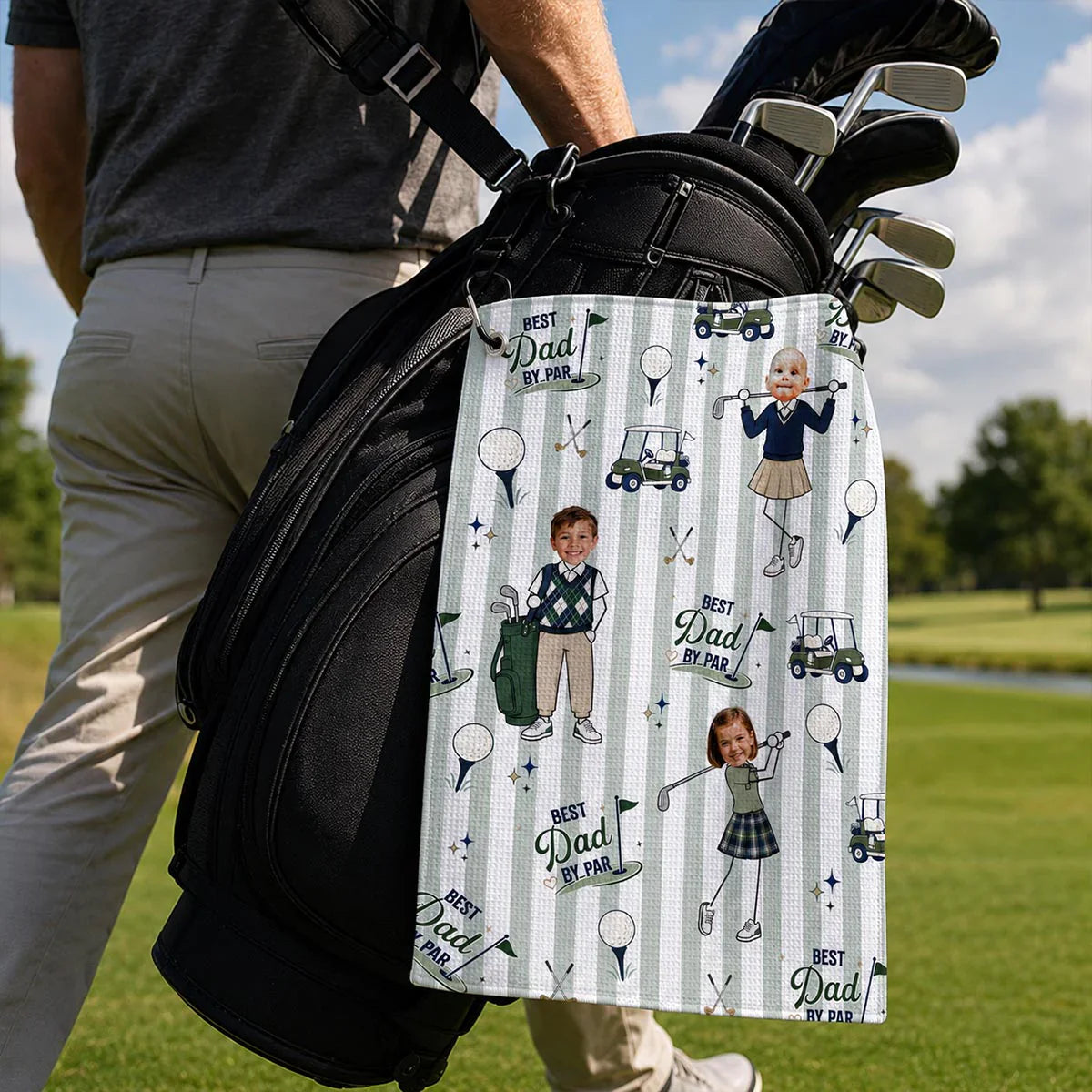 Custom Waffle Weave Golf Towel with Family Golf Art, Creative Gift for Dad's Golf Bag