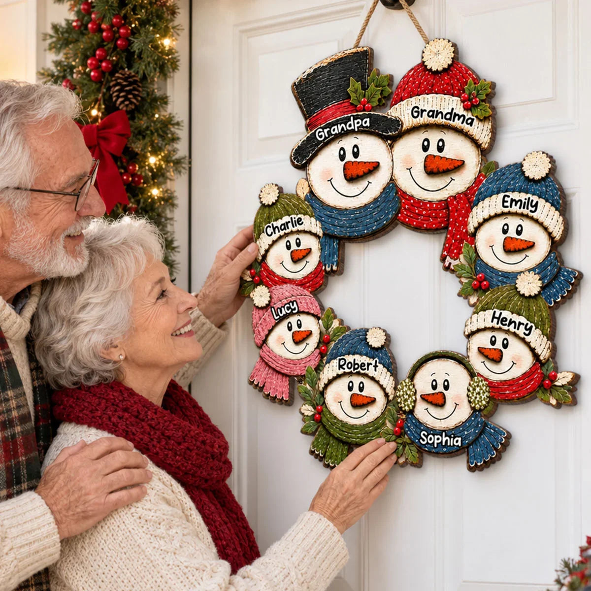 Personalized Wooden Sign, Rustic Snowman Family Wreath for Door or Porch, Unique Christmas Gift for Grandparents