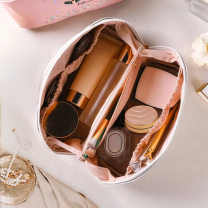 Personalized Leather Makeup Bag with Initial & Cartoon Girl, Spacious Travel Makeup Organizer, Cute Unique Gift for Her
