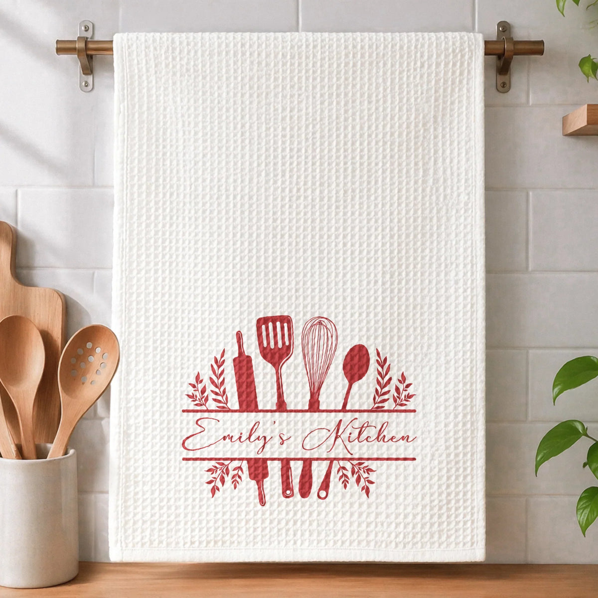 Personalized Kitchen Towel with Floral Utensil Design, Creative Housewarming Gift for Home Cooks