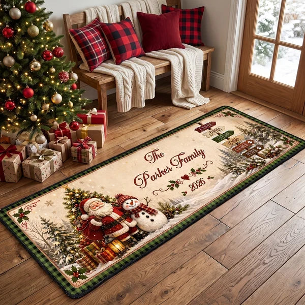 Personalized Premium Doormat, Santa Holding Gifts with a Snowman in a Snowy Forest, Unique Christmas Gift