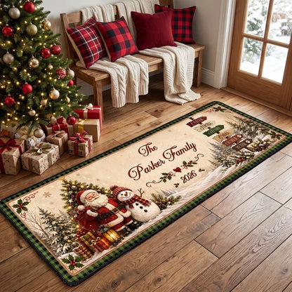 Personalized Premium Doormat, Santa Holding Gifts with a Snowman in a Snowy Forest, Unique Christmas Gift
