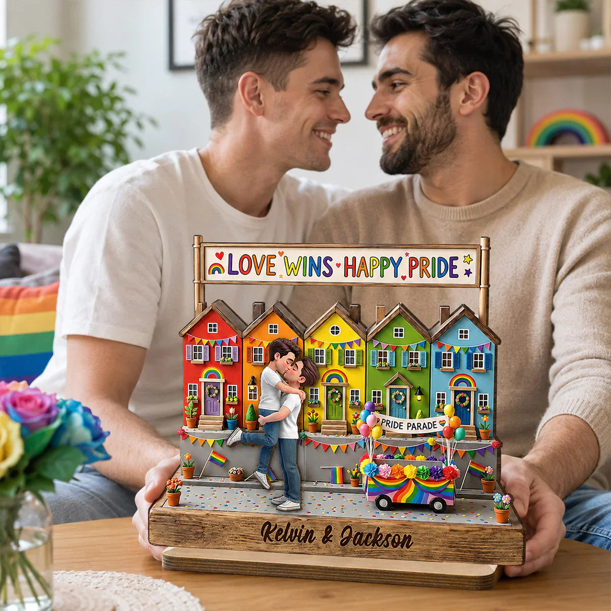 LGBT 2-Layer Wooden Plaque, Love Wins Rainbow Houses & Kissing Couple, Creative Gift for Partner