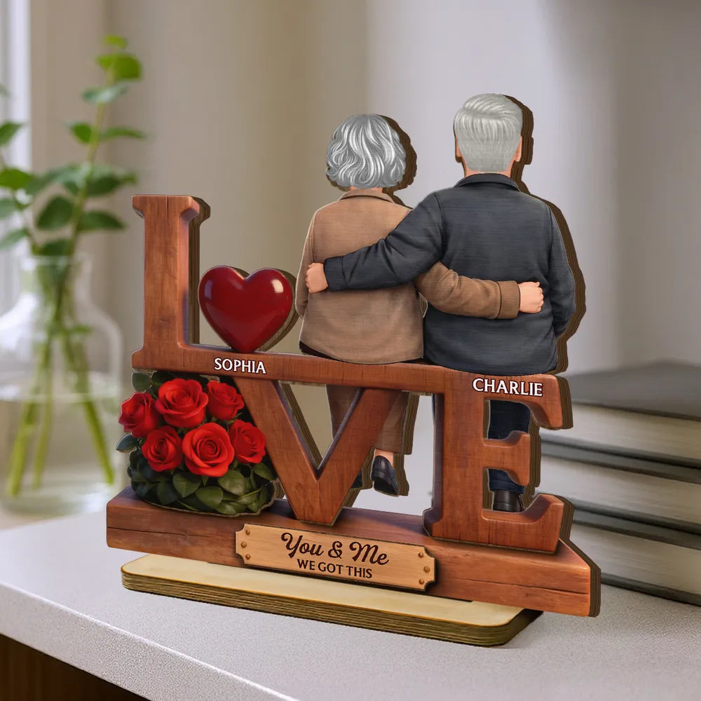Personalized 2-Layer Wooden Plaque LOVE Couple Hugging Back View, Heartwarming Living Room Display, Unique Gift For Him & Her