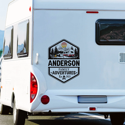 Personalized PVC Spare Tire Cover for RV Camper Trips, Family Adventures Mountain Badge Design, Unique Gift for Travel Lovers