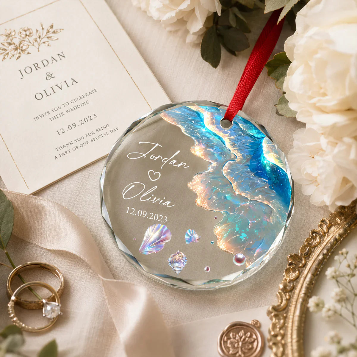 Custom Crystal Ornament for Couple, Romantic Coastal Keepsake with Wedding Portrait Look, Creative Gift