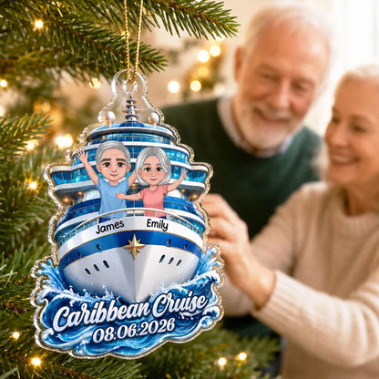 Personalized Acrylic Ornament, Waving Couple on Blue Cruise Ship, Unique Travel Gift for Couples