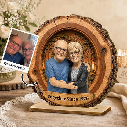 Personalized 2-Layer Wooden Plaque, AI Woodcut Style Hugging Couple Portrait, Unique Gift for Partner
