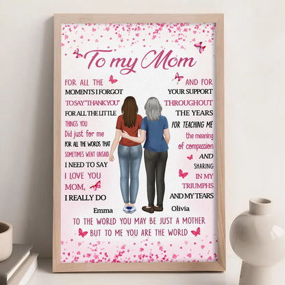 Personalized Mom Quote Poster, Custom Mother Daughter Hugging Wall Art, Pink Butterflies, Unique Gift for Mom